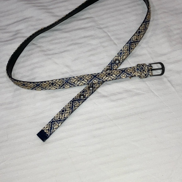 Blue and Cream Woven thin Belt with Metal Buckle about 43” long - Picture 3 of 9